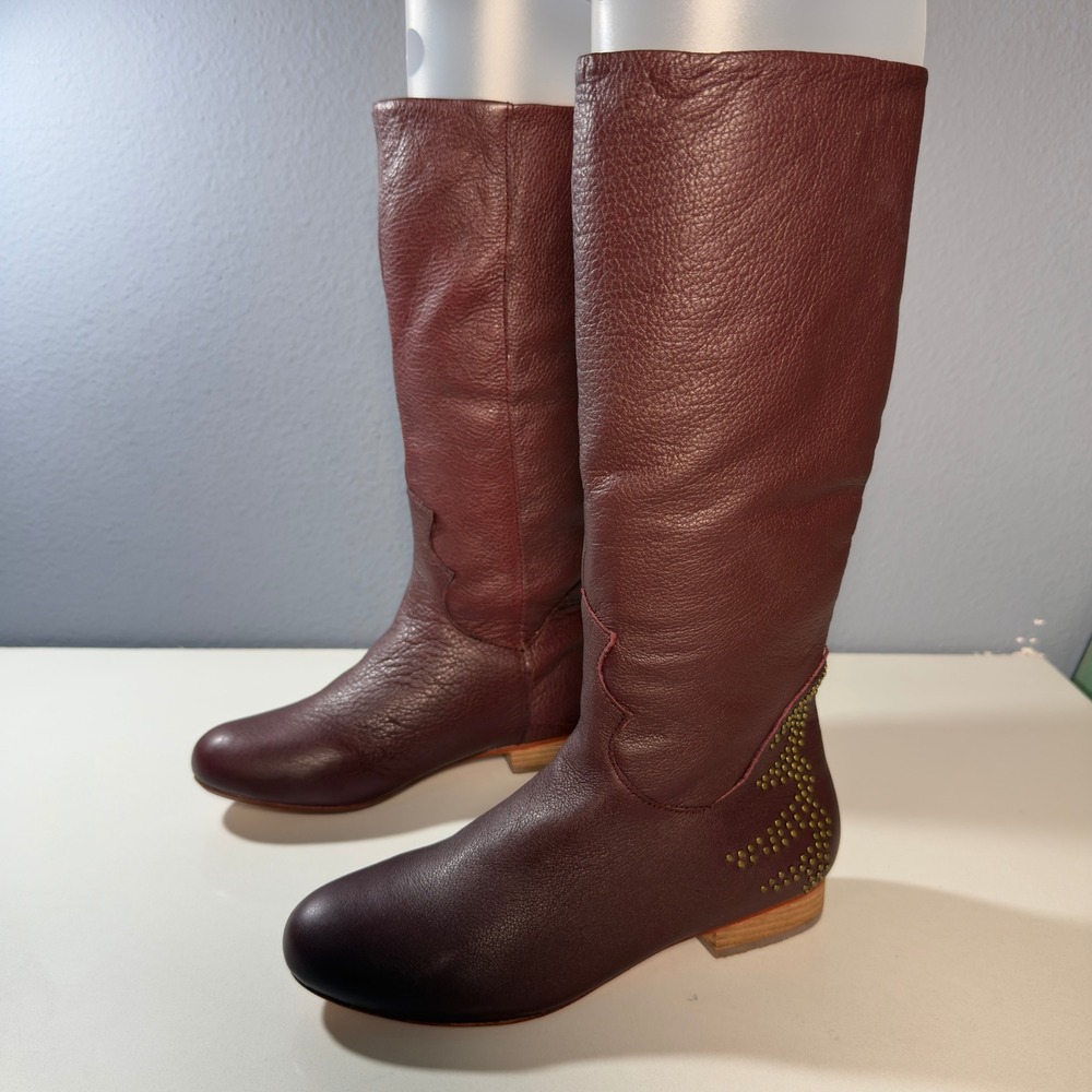Fiel Tall Boots Women 6 Burgundy Studded Leather Pull On Round Toe